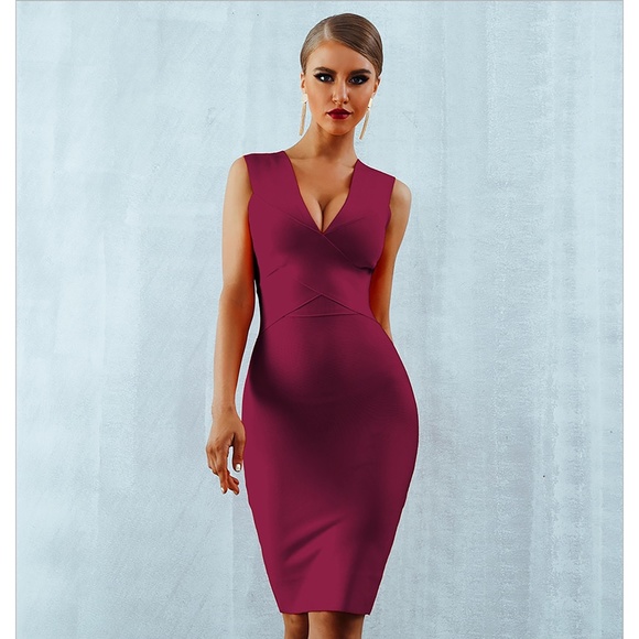 Bandage V Neck Bodycon Midi Dress Black - Picture 3 of 7